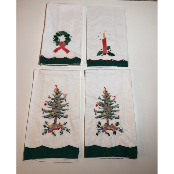 Lillian Vernon Other - Vintage Christmas Tree Tea Towels Lillian Vernon Hand Cross Stitched Set of 4